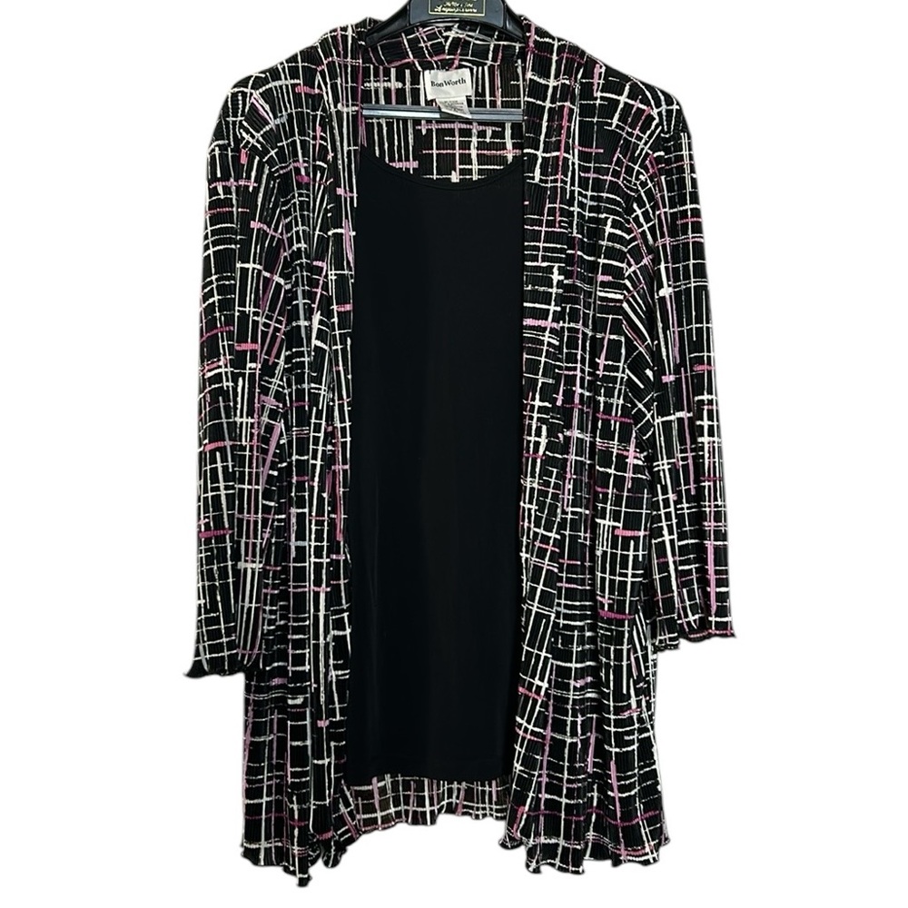 Vintage Bon Worth women’s blouse XL top black pink white geometric‎